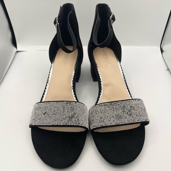 London Fog Nikki2 suede rhinestone block heel black sandals women’s Size 10W - Picture 10 of 12